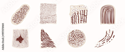 Organic abstract hand drawn textured pebble effect accent illustration bundle. Isolated flat vector motif with grunge broken scratched texture design for urban modern stylised sticker icon element set