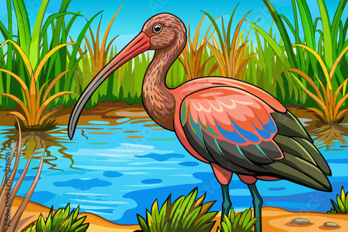 Glossy ibis foraging in muddy wetland vegetation along lakeshore at Lake Naivasha Kenya natural wildlife scene reflective water soft light