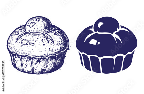 Grunge texture Two blue illustrations of muffins with different frosting designs on white background Vintage Style