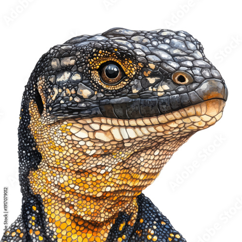Monitor Lizard, illustration watercolor artwork with subtle gradients and elegant contours, isolated on a white background.