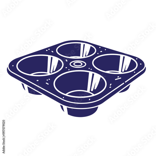 Grunge texture dark blue illustration of a fourcup muffin tin on white background Vintage Style
