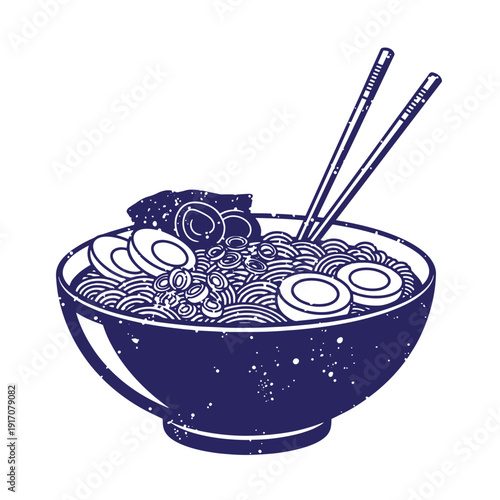 Grunge texture Blue illustration of a bowl of noodles with chopsticks and sliced onions served in a bowl Vintage Style