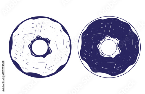 Grunge texture Two donuts one glazed and one chocolate covered on white background Vintage Style