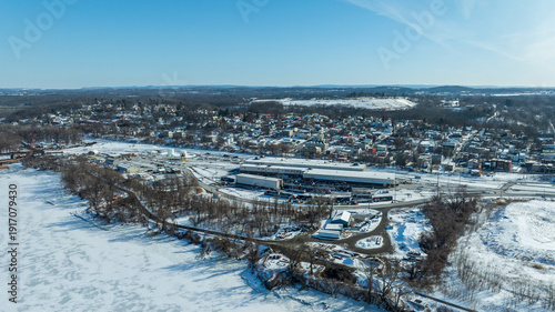Aerial view of Rensselaer and the frozen Hudson River in the greater Albany area during winter.