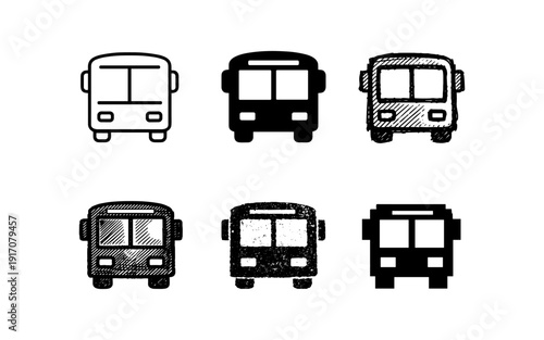 Collection of six different bus icons with varied styles and textures on a white background