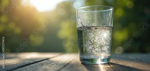 Glass of water with particles sits on wooden table. Sunlight shines through glass. Blurred green background suggests outdoor setting. Bubbles indicate chemical reaction or impurity in liquid.