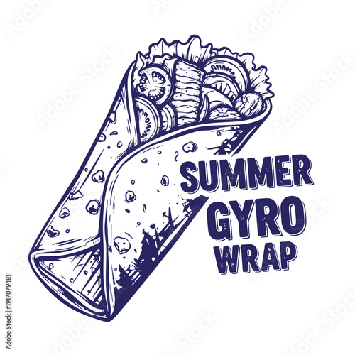 Grunge texture drawing of a summer gyro wrap with meat lettuce tomato and sauce on white background Vintage Style