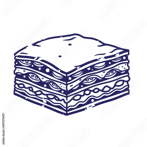 Grunge texture Drawn illustration of a stack of lasagna on white background  Italian food Vintage Style