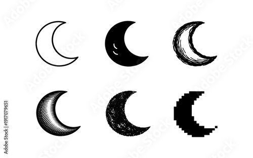 Collection of six crescent moon icons in various artistic styles on a white background