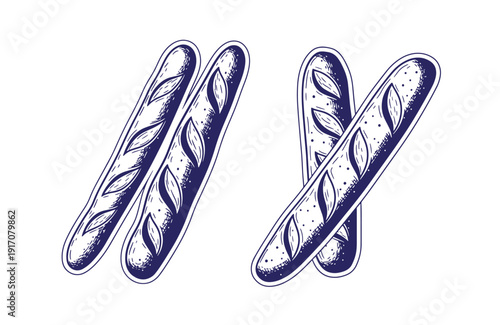 Grunge texture Two sets of drawn blue baguettes with leaf designs on white background  French bread Vintage Style