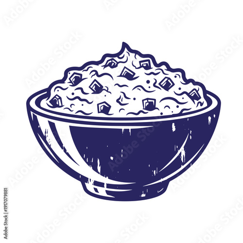 Grunge texture Graphic illustration of a navy blue bowl filled with white porridge or oatmeal topped with small pieces of fruit  A bowl of food on a white background Vintage Style