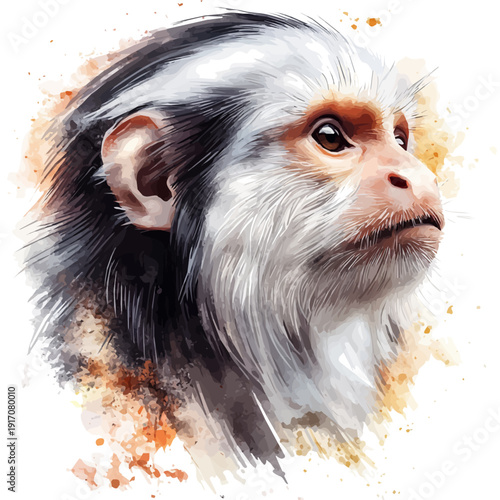 Marmoset, illustration watercolor with dynamic strokes and balanced color harmony, isolated on a white background.
