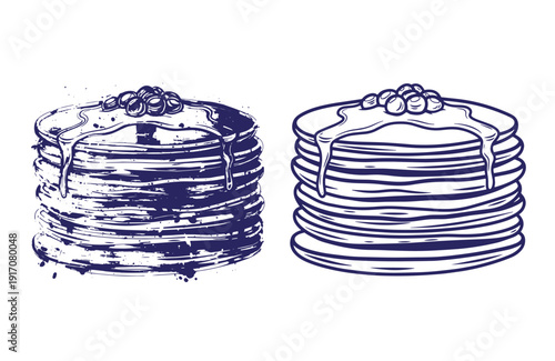 Grunge texture Two stacks of pancakes with syrup and blueberries on top in a sketch style Vintage Style