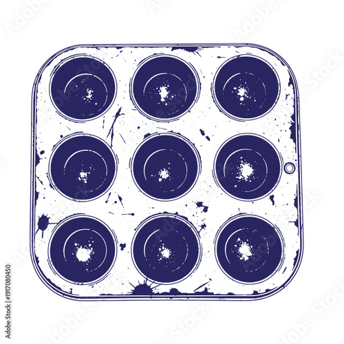 Grunge texture grungy blue muffin tin with nine cupcake holders on white background Vintage Style