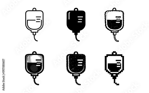Collection of six different medical IV drip bag icons in various artistic styles