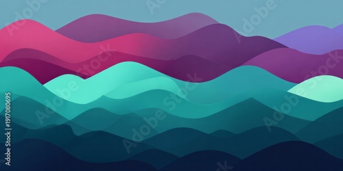 Overlapping layers of stylized organic shapes create an abstract landscape panorama