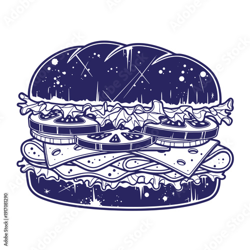 Grunge texture Illustration of a cheese hamburger with lettuce and tomatoes on a white background Vintage Style