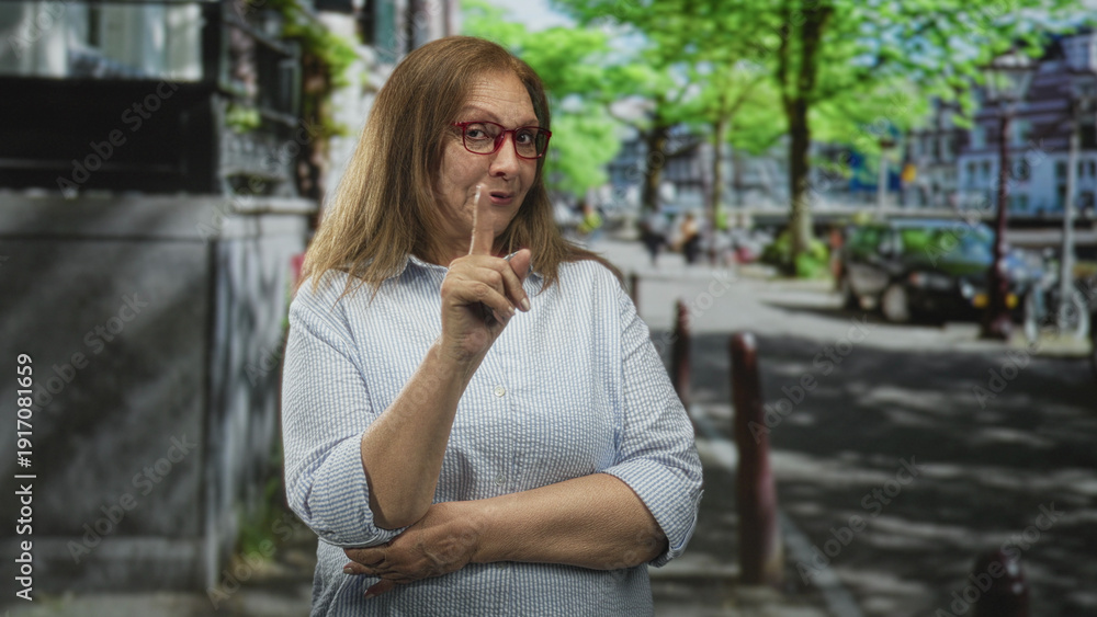 Fototapeta premium Woman points finger on street beside bicycle and parked cars, wearing glasses and casual shirt; friendly reminder.