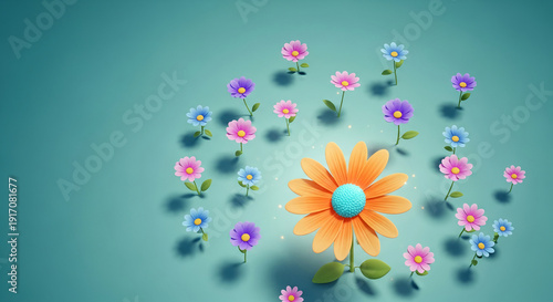 Scattered colorful flower illustration on teal background, creating a cheerful and springlike ambience, symbolizing joy and freshness, perfect for nature concepts