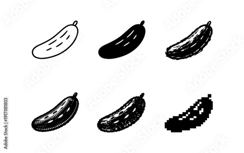 Collection of six different styles of cucumber illustrations on a white background