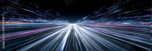 Abstract digital lines create a sense of immense speed on a dark background.
