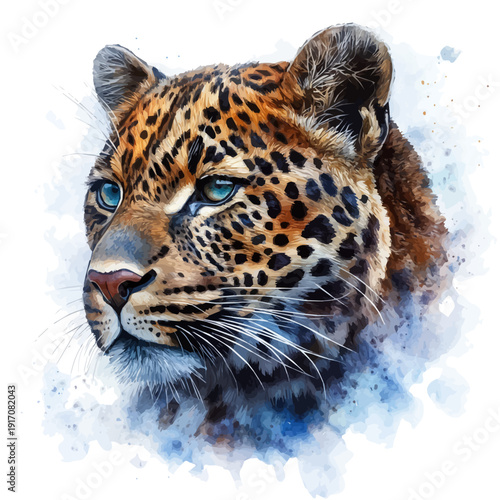 Leopard, illustration watercolor with dynamic strokes and balanced color harmony, isolated on a white background.