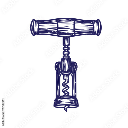 Grunge texture T shaped wine bottle corkscrew with wooden handle and metal spiral  wine opener tool Vintage Style