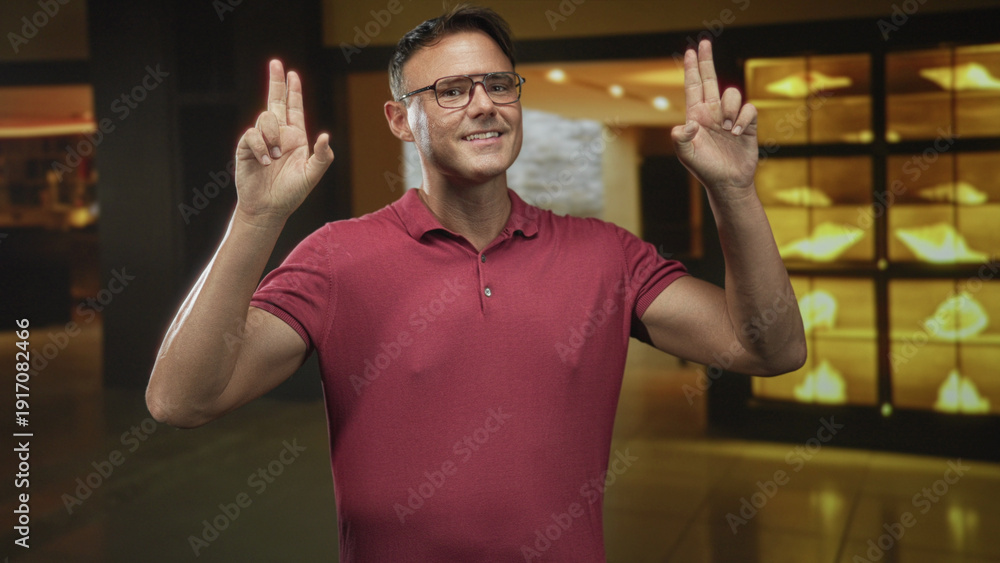 Naklejka premium Man raising hands with visible forearms in a building lobby showcase, wearing glasses and a red polo; casual confidence.