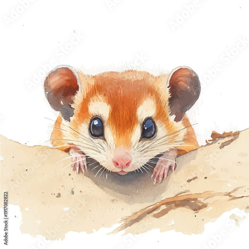 Large Desert Rat, refined watercolor illustration with luminous tones and soft layered brushwork, isolated on a white background.