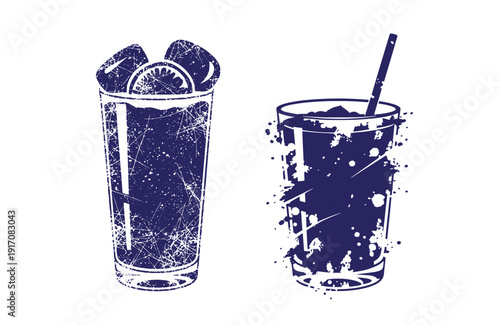 Grunge texture distressed illustration of two glasses of cold drink with ice cubes and lemon slice on white background Vintage Style