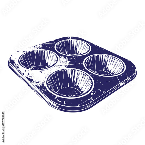 Grunge texture Vintagestyle illustration of a fourcup muffin tin with distressed texture on white background Vintage Style
