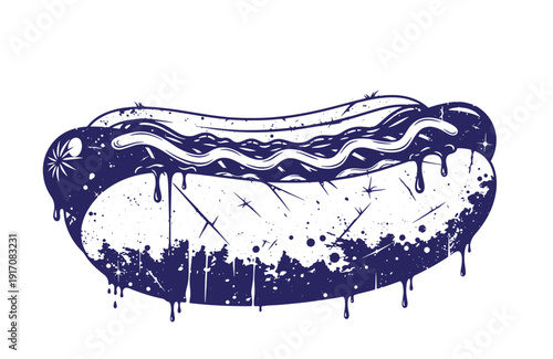 Grunge texture grunge style hot dog with paint splatters and drips on white background Vintage Style