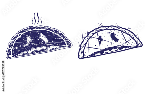 Grunge texture hand drawn blue line art illustration of two empanadas on white background Vintage Style
