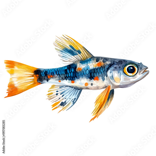 Lanternfish, refined watercolor illustration with luminous tones and soft layered brushwork, isolated on a white background.
