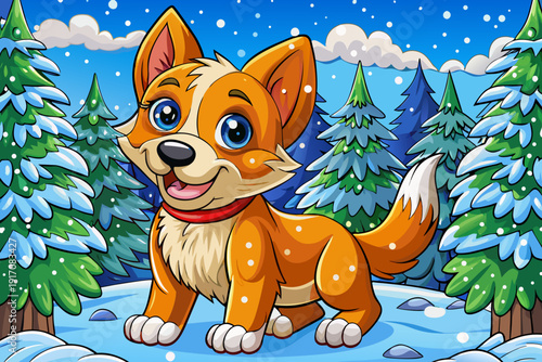 Energetic puppy sitting among pine trees on snowy winter day playfully approaching camera giving friendly lick joyful outdoor scene soft cold light