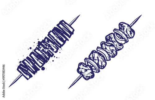 Grunge texture skewers of meat on metal sticks with splatters Vintage Style