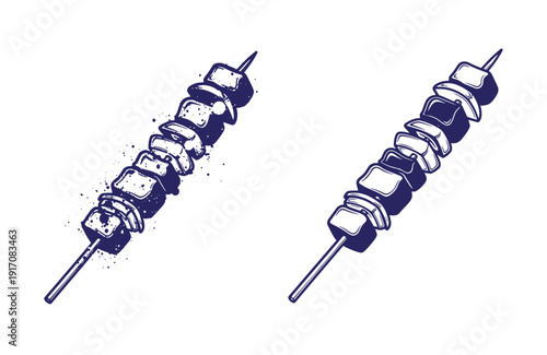 Grunge texture skewers of meat on sticks with one splattered design element on white background Vintage Style