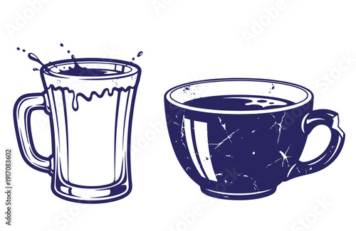 Grunge texture Two beverage cups with liquid splashing and pouring  coffee and beer drinking concept Vintage Style