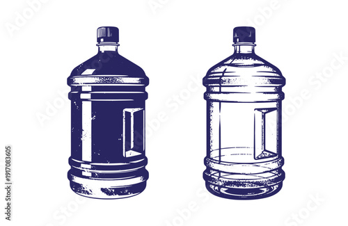 Grunge texture Two blue and white illustrations of large plastic water bottles with screw on caps side by side Vintage Style