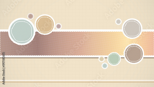 Halftone style abstract geometric background with colorful dotted circles and horizontal stripe in warm beige and brown tones vector art design