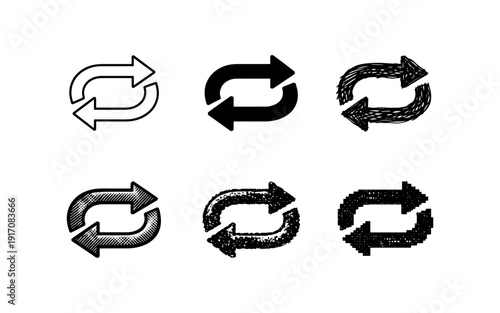 Collection of six refresh and repeat arrow icons in various artistic styles