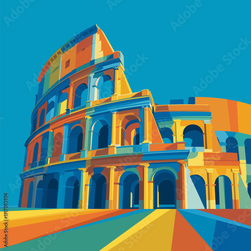 Ancient Rome Colosseum arches minimalist flat design. Colosseum arches depicting Roman architecture in a vibrant, modern flat graphic illustration style
