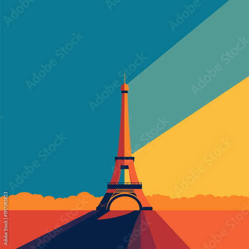 Eiffel Tower geometric abstract vibrant colors illustration. Eiffel Tower appearing in a minimalist geometric flat design illustration with vibrant colors