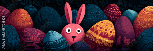 Bunny peeking from behind colorful Easter eggs greeting card. Bunny character hiding among patterned Easter eggs and dark foliage, celebrating the spring holiday