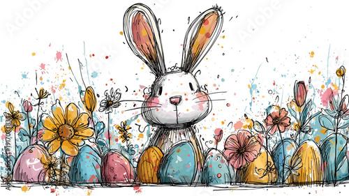 Easter bunny holding decorated eggs and spring flowers wallpaper. Whimsical Easter bunny holding colorful decorated eggs and spring flowers in hand-drawn doodle style