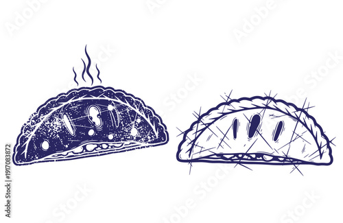 Grunge texture Two blue empanadas on white background Vintage Style