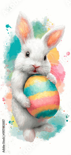 White rabbit holding colorful Easter egg, watercolor splash background. White rabbit holding a brightly striped Easter egg against a vibrant watercolor splash background