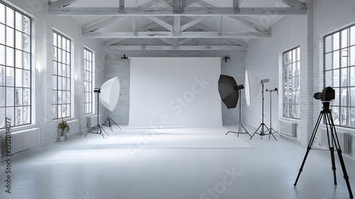 Bright professional photography studio interior with white backdrop and softbox lighting