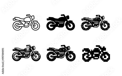 Collection of six different motorcycle icons in various artistic styles and resolutions