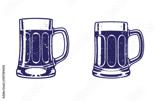 Grunge texture Two dark beer mugs with handles side by side on white background Vintage Style